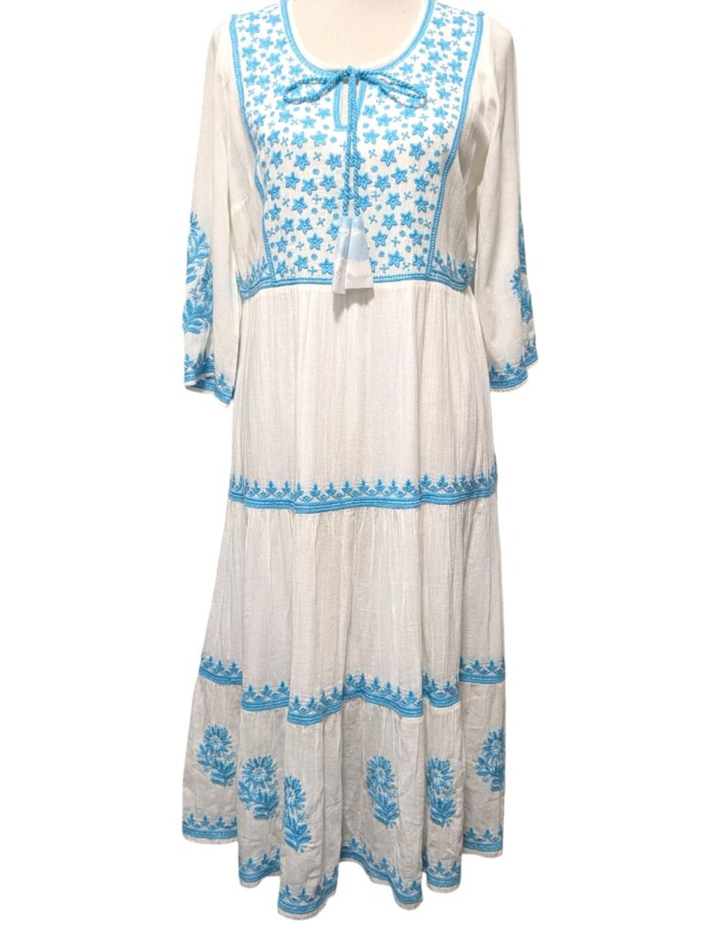 Soft Surroundings Womens Size S Juniper White Teal Embroidered Tassel Midi Dress